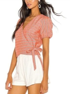 Line & Dot Puff Sleeve Top in Coral Stripe